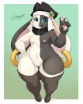  anthro black_and_white_fur breasts clothing ear_piercing ear_ring female furgonomics furry-specific_piercing genitals hat headgear headwear hi_res lagomorph legwear leporid mammal nightfaux piercing pussy rabbit small_breasts solo thigh_highs wide_hips 