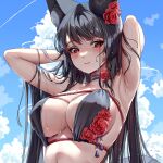  1girl absurdres animal_ear_fluff animal_ears armpits arms_up bikini black_bikini black_hair blush breasts choker cleavage closed_mouth cloud cloudy_sky earrings english_commentary flower flower_bikini flower_choker flower_earrings fox_ears fox_tail highres jewelry large_breasts long_hair looking_at_viewer original red_eyes red_flower red_rose rose sky swimsuit tacco_(tikeworld) tail wet 