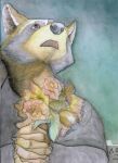  absurd_res angst anguish bouquet clothing coat crab-eating_raccoon flower flower_bouquet hands hands_crossed hi_res mammal mroleoso painting_(artwork) plant procyonid raccoon snappygrey topwear traditional_media_(artwork) watercolor_(artwork) 