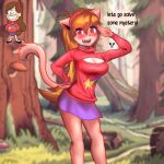  absurd_res anthro blush cleavage_cutout clothing cute_fangs demenmenabung dialogue disney fangs felid feline felis female gravity_falls hi_res looking_at_viewer mabel_pines mammal outside smile solo sweater topwear 