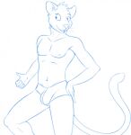  5_fingers anthro biped blue_and_white bucklebunny cheek_tuft clothing facial_tuft fangs fingers front_view guide_lines hair hand_on_hip hi_res inner_ear_fluff male monochrome navel neck_tuft nipples short_hair sketch smile solo tongue tuft underwear whiskers 