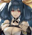  1girl bangs bare_shoulders belt blue_hair breast_press breasts cleavage detached_sleeves dizzy_(guilty_gear) eyebrows_visible_through_hair guilty_gear guilty_gear_xrd hair_ribbon hair_rings hands_on_own_chest jako_(toyprn) large_breasts looking_at_viewer multiple_belts parted_lips red_eyes ribbon solo twintails upper_body yellow_ribbon 