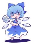  1girl :d bangs blue_bow blue_dress blue_eyes blue_hair bow cirno collared_shirt crossed_arms dress eyebrows_visible_through_hair flake-shaped_pupils fried_rice0614 frog frozen_frog full_body hair_bow highres ice ice_wings looking_at_viewer one-hour_drawing_challenge open_mouth pinafore_dress shirt short_sleeves simple_background smile solo standing touhou v-shaped_eyebrows white_background white_shirt wings 