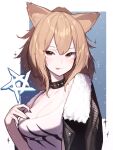  1girl :p animal_ears arknights beudelb black_collar black_jacket black_nails blue_background breasts brown_eyes brown_hair cleavage collar fur-trimmed_jacket fur_trim hair_between_eyes hand_up highres jacket large_breasts leather leather_jacket lion_ears long_hair looking_at_viewer open_clothes open_jacket ponytail siege_(arknights) simple_background studded_collar tank_top tongue tongue_out two-tone_background white_background white_tank_top 
