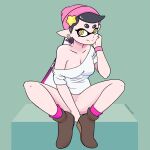  bottomless bottomless_female breasts callie_(splatoon) cephalopod cleavage clothed clothing covering covering_crotch female footwear hand_on_cheek hat headgear headwear hi_res humanoid humanoid_pointy_ears inkling looking_at_viewer marine mollusk mudeliart nintendo not_furry pinup pose pseudo_hair pupils shirt shoes simple_background sitting smile solo splatoon spread_legs spreading tentacle_hair tentacles topwear unusual_pupils video_games 