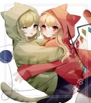  2girls animal_ears bangs blonde_hair blue_skirt blush cat_ears cat_girl cat_tail closed_mouth crystal eyeball eyebrows_visible_through_hair flandre_scarlet frown furrowed_brow green_eyes green_hair hair_between_eyes highres hood hoodie hug komeiji_koishi long_sleeves medium_hair multiple_girls one_eye_closed one_side_up red_eyes skirt sorani_(kaeru0768) tail third_eye tongue tongue_out touhou v-shaped_eyebrows wavy_hair wings 