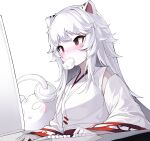  1girl absurdres ahr_tato animal_ears bangs blush commentary copyright_request eyebrows_visible_through_hair headphones highres japanese_clothes keyboard_(computer) kimono long_hair long_sleeves monitor mouth_hold red_eyes simple_background solo tiger_ears very_long_hair white_background white_hair white_kimono wide_sleeves 