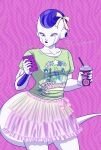  alien beverage bottomwear cellphone clothed clothing container crossdressing cup dragon_ball eyeshadow frieza frieza_race furipasart hi_res makeup male phone pink_eyes pink_eyeshadow purple_body purple_skin ribbons signature skirt white_body white_skin 