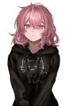  1girl animal_print bangs black_hoodie cat_print closed_mouth copyright_request expressionless grey_background hair_between_eyes highres hood hood_down hoodie medium_hair messy_hair muuyiie pink_eyes shiny shiny_hair simple_background solo upper_body 