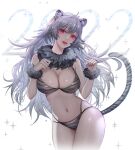  1girl 2022 absurdres animal_ear_fluff animal_ears bangs bikini breasts chinese_zodiac cleavage clenched_hands colored_tips commentary cowboy_shot english_commentary eyelashes fur_collar grey_bikini grey_hair grey_nails hands_up highres large_breasts lips long_hair looking_at_viewer multi-strapped_bikini multicolored_hair navel nengajou new_year oeun original parted_lips paw_pose red_eyes red_lips shiny shiny_skin skindentation sparkle swimsuit tail tiger_ears tiger_girl tiger_stripes tiger_tail very_long_hair white_background white_tiger_print wrist_cuffs year_of_the_tiger 