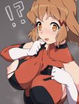  !? 1girl blush bodysuit breasts commentary_request gloves hair_ornament hairclip highres kuro_mushi large_breasts nipples open_mouth orange_eyes orange_hair senki_zesshou_symphogear short_hair solo surprised tachibana_hibiki_(symphogear) wardrobe_malfunction 