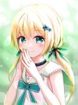  1girl absurdres bangs blonde_hair blush closed_mouth fingers_together green_eyes green_neckwear hair_ornament highres looking_at_viewer ontake2009 shinengumi sleeveless smile solo star_(symbol) star_hair_ornament suzukaze_shitora twintails upper_body virtual_youtuber 