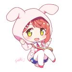  1girl :d animal_ears animal_hood blue_shorts bow brown_hair bunny_hood chibi collared_shirt fake_animal_ears full_body green_eyes hair_ornament hairclip hands_up hood hood_up hooded_jacket jacket langbazi legwear_under_shorts looking_at_viewer love_live! love_live!_nijigasaki_high_school_idol_club open_clothes open_jacket pantyhose puffy_shorts red_footwear red_shirt shirt shoes short_shorts shorts signature simple_background smile solo teeth uehara_ayumu upper_teeth white_background white_bow white_jacket white_legwear 