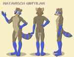  4_toes 5_fingers anthro biped black_nose blue_body blue_fur blue_stripes blue_tail brown_body brown_ears brown_fur brown_hair brown_stripes brown_tail bucklebunny butt cheek_tuft elbow_tufts facial_tuft featureless_crotch feet fingers front_view fur gloves_(marking) green_eyes hair hand_on_hip hand_on_leg happy knee_tuft leg_markings leg_tuft looking_aside male mammal markings multiple_poses navel neck_tuft nipples open_mouth pink_nipples pose procyonid raccoon rear_view shadow short_hair side_view simple_background smile socks_(marking) solo standing striped_body striped_fur striped_markings striped_tail stripes tail_markings tan_background toes tuft 