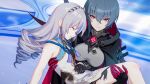  2girls bangs black_bodysuit black_cape black_hair bodysuit bronya_zaychik bronya_zaychik_(haxxor_bunny) cape carrying china_dress chinese_clothes closed_eyes dress drill_hair grey_hair grin hair_ornament hairclip highres holding_person honkai_(series) honkai_impact_3rd liumang_tu_shua_p_zhan long_hair looking_at_viewer multiple_girls open_mouth princess_carry purple_eyes raven_(honkai_impact_3rd) short_hair sleeveless sleeveless_dress smile twin_drills white_dress 