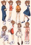  1girl antenna_hair barefoot blue_dress blue_pants blue_shirt brown_hair brown_shorts cardcaptor_sakura chinese_clothes closed_eyes commentary_request dress green_eyes grey_background hair_bobbles hair_ornament highres kinomoto_sakura multiple_views nzeneee orange_sweater orange_vest pajamas pants pink_pajamas shirt shorts sleepy slippers sweater two_side_up vest white_dress white_headwear white_pajamas white_shorts 