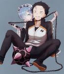  ball_and_chain_(weapon) bangs black_hair blue_background blue_eyes blue_hair blunt_bangs chain hair_over_one_eye hair_slicked_back nasunasuvenus natsuki_subaru orange_eyes re:zero_kara_hajimeru_isekai_seikatsu rem_(re:zero) scared short_hair spiked_ball_and_chain 