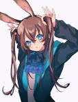 1girl :o amiya_(arknights) animal_ears arknights ascot black_jacket blue_ascot blue_eyes brown_hair eyebrows_visible_through_hair hair_between_eyes hands_in_hair head_tilt highres jacket long_hair looking_at_viewer mmm_ma_pmpm open_clothes open_jacket rabbit_ears shirt sidelocks simple_background solo twintails upper_body white_background white_shirt 