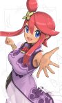  1girl :d blue_eyes breasts china_dress chinese_clothes dress feathers gonzarez hair_between_eyes hair_ornament highres large_breasts looking_at_viewer medium_hair pokemon pokemon_(game) pokemon_bw2 purple_dress red_hair skyla_(pokemon) smile solo white_background 