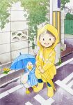  1girl 1other bird commentary_request day duck flower fujiwara_yoshito highres holding holding_umbrella long_sleeves looking_at_viewer open_mouth original outdoors rain smile solo umbrella water_drop wet 