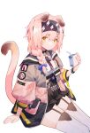  1girl 52hzwhzw absurdres animal_ears arknights black_choker black_hairband black_skirt blue_bow blush bow braid cat_ears cat_girl cat_tail choker commentary_request drink drinking_straw eyebrows_visible_through_hair floppy_ears garter_straps goldenglow_(arknights) grey_jacket hair_bow hair_ornament hairband hairclip highres holding holding_drink id_card invisible_chair jacket juice_box lightning_bolt_print long_hair multicolored_clothes multicolored_jacket open_clothes open_jacket pink_hair pink_jacket revision shirt simple_background sitting skirt solo tail tail_raised thighs two-tone_jacket white_background white_legwear white_shirt yellow_eyes 
