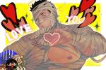  &gt;_o 1boy :o bandages bara bare_pectorals black_hair blackcatlandr character_request check_commentary commentary_request covered_nipples facial_hair halloween_costume halo heart heart_hands highres large_pectorals looking_at_viewer male_focus master_2_(housamo) mummy_costume muscular muscular_male naked_bandage nipples official_alternate_costume one_eye_closed pectorals short_hair stubble tokyo_afterschool_summoners upper_body yellow_eyes zabaniya_(housamo) 