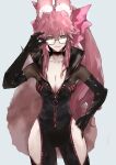  1girl absurdres animal_ear_fluff animal_ears bangs black_bodysuit bodysuit bow breasts center_opening choker cleavage fate/grand_order fate_(series) fox_ears fox_girl fox_tail glasses hair_between_eyes hair_bow highres hip_vent kdm_(ke_dama) koyanskaya_(fate) large_breasts long_hair looking_at_viewer pink_bow pink_hair ponytail sidelocks smile solo tail tamamo_(fate) thighs yellow_eyes 
