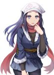  1girl absurdres akari_(pokemon) black_undershirt blue_eyes blue_hair blue_kimono breasts cowboy_shot floating_scarf galaxy_expedition_team_survey_corps_uniform head_scarf highres japanese_clothes kimono large_breasts long_hair long_sleeves pokemon pokemon_(game) pokemon_legends:_arceus red_scarf scarf sidelocks solo white_background zatma0041 