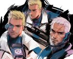  1boy age_progression armor blonde_hair blue_eyes chest_armor closed_mouth jacket jang_ju_hyeon male_focus official_alternate_costume overwatch scar scar_on_face scar_on_mouth scouter short_hair smile soldier:_76_(overwatch) solo spiked_hair strike-commander_morrison upper_body white_hair white_jacket 