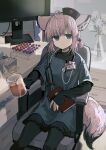  1girl animal_ears arknights blue_eyes chair chinese_commentary closed_mouth commentary_request cross feet_out_of_frame flower fox_ears fox_tail hat holding holding_notebook holding_test_tube id_card long_sleeves looking_at_viewer medical_scrubs monitor notebook nurse_cap office_chair pink_hair red_(girllove) red_cross short_hair sitting sleeves_past_wrists smile solo stethoscope sussurro_(arknights) tail test_tube vase white_flower 