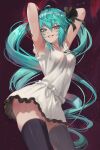  1girl ahoge armpits arms_behind_head arms_up bangs black_legwear black_ribbon blue_eyes blue_hair breasts commentary_request cowboy_shot dancing dress eyebrows_visible_through_hair eyes_visible_through_hair grin hair_between_eyes hair_ribbon hatsune_miku highres long_hair looking_at_viewer me!me!me! me!me!me!_dance_(meme) medium_breasts meme revision ribbon sleeveless sleeveless_dress smile solo standing supreme_(module) thighhighs torriet twintails very_long_hair vocaloid white_dress world_is_mine_(vocaloid) 