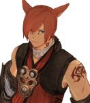  1boy animal_ears arm_tattoo blue_eyes cat_ears commentary_request final_fantasy final_fantasy_xiv g&#039;raha_tia grbraku heterochromia highres male_focus mask mask_around_neck miqo&#039;te neck_tattoo red_eyes red_hair red_vest short_hair simple_background solo tattoo vest white_background 