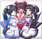  3girls :o aoi_rena arm_cannon black_gloves black_hair bow brown_eyes dark-skinned_female dark_skin dress fang fingerless_gloves genderswap genderswap_(mtf) gloves hair_bow highres looking_at_viewer mecha_musume multiple_girls open_mouth personification purple_eyes red_bow red_dress red_eyes sailor_collar skywarp smile starscream thundercracker transformers twintails weapon white_bow white_dress wings 