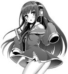  ass azur_lane azur_lane:_slow_ahead blush box chain gift gift_box greyscale headphones holding holding_gift hori_(hori_no_su) long_hair long_island_(azur_lane) monochrome off_shoulder official_art simple_background sleeves_past_fingers sleeves_past_wrists very_long_hair white_background 