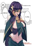  1girl absurdres bare_shoulders basilisk_(monster_girl_encyclopedia) blindfold blush breasts detached_sleeves fang highres lamia limsett monster_girl monster_girl_encyclopedia navel open_mouth purple_hair short_hair_with_long_locks solo speech_bubble translation_request 