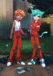  2boys :o animal_ears bangs bare_arms blue_footwear blue_hair cat_boy cat_ears cat_tail clenched_hands clothes_around_waist crossed_arms darwin_watterson day extra_ears fence frown full_body grass green_eyes green_footwear grey_eyes gumball_watterson highres holding itasazameart jacket jacket_around_waist long_sleeves looking_at_viewer male_focus multiple_boys orange_hair outdoors pants pavement personification ponytail red_bag red_pants shoes short_hair sideways_glance sleeveless sneakers standing tail tank_top the_amazing_world_of_gumball track_jacket track_pants track_suit trash trash_bag whiskers wooden_fence 