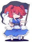  1girl ;) bangs blue_dress closed_mouth dress fried_rice0614 full_body hair_bobbles hair_ornament hand_on_hip highres holding holding_scythe looking_at_viewer obi one-hour_drawing_challenge one_eye_closed onozuka_komachi red_eyes red_footwear red_hair sash scythe short_hair short_sleeves simple_background smile solo standing touhou two_side_up white_background 