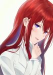  1girl :d absurdres bangs blue_eyes collared_shirt hair_between_eyes highres labcoat long_hair looking_at_viewer makise_kurisu necktie open_mouth red_hair red_necktie shiny shiny_hair shirt simple_background smile solo steins;gate straight_hair white_background white_shirt wing_collar xo30d468tvlyo1d 