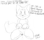  animal_genitalia animal_pussy anonymous_artist anthro bodily_fluids canid canine canine_pussy english_text female fluffy fluffy_tail fox foxtrot_(copyright) foxtrot_mascot genitals hi_res humor kneeling mammal monochrome navel offscreen_character pleading pussy russian_text sitting sketch solo tears text translated 