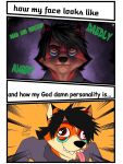  angel_ortiz anthro big_eyes canid canine comic fox funny_face hair hi_res iaian_luxo_fox long_hair male mammal motion_lines scary_face solo text tongue 