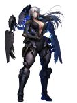  1girl armor black_bodysuit bodysuit breasts chain_paradox cleavage closed_mouth elbow_pads full_body grey_eyes grey_hair hetza_(hellshock) large_breasts long_hair looking_at_viewer power_armor science_fiction shoulder_pads solo standing transparent_background zipper 