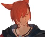  1boy animal_ears cat_ears closed_mouth commentary_request face final_fantasy final_fantasy_xiv g&#039;raha_tia grbraku hair_ornament hairclip jewelry male_focus miqo&#039;te neck_tattoo necklace red_eyes red_hair short_hair simple_background smile solo tattoo upper_body white_background 