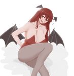 1girl alternate_costume ass bangs bare_shoulders bat_wings breasts bright_pupils brown_legwear cleavage collarbone eyebrows_visible_through_hair fangs feet_out_of_frame flying_sweatdrops hair_between_eyes head_wings highres koakuma large_breasts leotard long_hair looking_at_viewer mata_(matasoup) open_mouth pantyhose red_eyes red_hair red_leotard sidelocks simple_background sitting solo strapless strapless_leotard tearing_up teeth touhou white_background white_pupils wings 