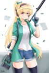  1girl artist_name blonde_hair bolt_action bow ear_protection eyebrows_visible_through_hair gamryous girls&#039;_frontline gloves green_hairband gun hair_bow hairband highres jacket long_hair looking_at_viewer material_sniper ponytail red_eyes rifle scope shorts sleeves_rolled_up smile sniper_rifle solo sv-98 sv-98_(girls&#039;_frontline) thighhighs weapon 