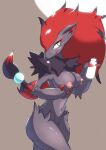  absurd_res anthro blush bodily_fluids breasts canid canine claws female fur hair hi_res lactating mammal milk nintendo nipples nude pok&eacute;mon pok&eacute;mon_(species) simple_background smile solo video_games x_fe8910 zoroark 
