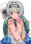  1girl bandaid bandaid_on_face bandaid_on_hand bandaid_on_leg bangs blue_eyes blue_skirt blush bob_cut casual closed_mouth commentary_request eyebrows_visible_through_hair green_shirt grey_hair hands_on_own_knees konpaku_youmu konpaku_youmu_(ghost) looking_down rin_(rin7kan7) shirt short_hair sidelocks simple_background sitting skirt smile socks solo touhou white_background white_legwear 