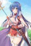  1girl :d armor awayuki_ramika belt blue_eyes blue_hair blue_sky blush boots breastplate caeda_(fire_emblem) cloud dress fingerless_gloves fire_emblem fire_emblem:_mystery_of_the_emblem fire_emblem_heroes gloves hair_ornament highres holding holding_polearm holding_weapon long_hair official_alternate_costume open_mouth outdoors pegasus_knight_uniform_(fire_emblem) polearm red_dress red_gloves sheath sheathed short_dress shoulder_armor sky smile solo spear sword thigh_boots thighhighs twitter_username weapon white_footwear white_legwear zettai_ryouiki 