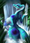  absurd_res anthro areola argo_(kalivero) big_breasts big_butt big_penis blue_areola blue_body blue_eyes blue_nipples blue_tongue breasts butt claws genitals herm hi_res intersex kalivero nipple_piercing nipples penis piercing reptile scalie smile snake solo tongue tongue_out white_body 