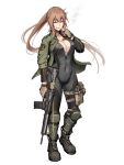  1girl ar-15 assault_rifle black_bodysuit blue_eyes bodysuit boots breasts brown_gloves brown_hair cigarette cleavage dairoku_ryouhei fingerless_gloves full_body gloves green_jacket grey_footwear grin gun hetza_(hellshock) holding holding_cigarette holding_weapon jacket knee_pads large_breasts long_hair looking_at_viewer magazine_(weapon) open_clothes open_jacket ponytail rifle scar scar_on_chest smile smoking solo standing thigh_strap transparent_background very_long_hair weapon zipper 