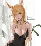  1girl animal_ear_fluff avatar_(ff14) bangs bare_arms black_dress blonde_hair bracelet breasts cleavage closed_mouth collarbone dress eyebrows_visible_through_hair final_fantasy final_fantasy_xiv hair_between_eyes jewelry large_breasts long_hair looking_at_viewer rifu_(643763873) sketch sleeveless sleeveless_dress solo upper_body yellow_eyes 